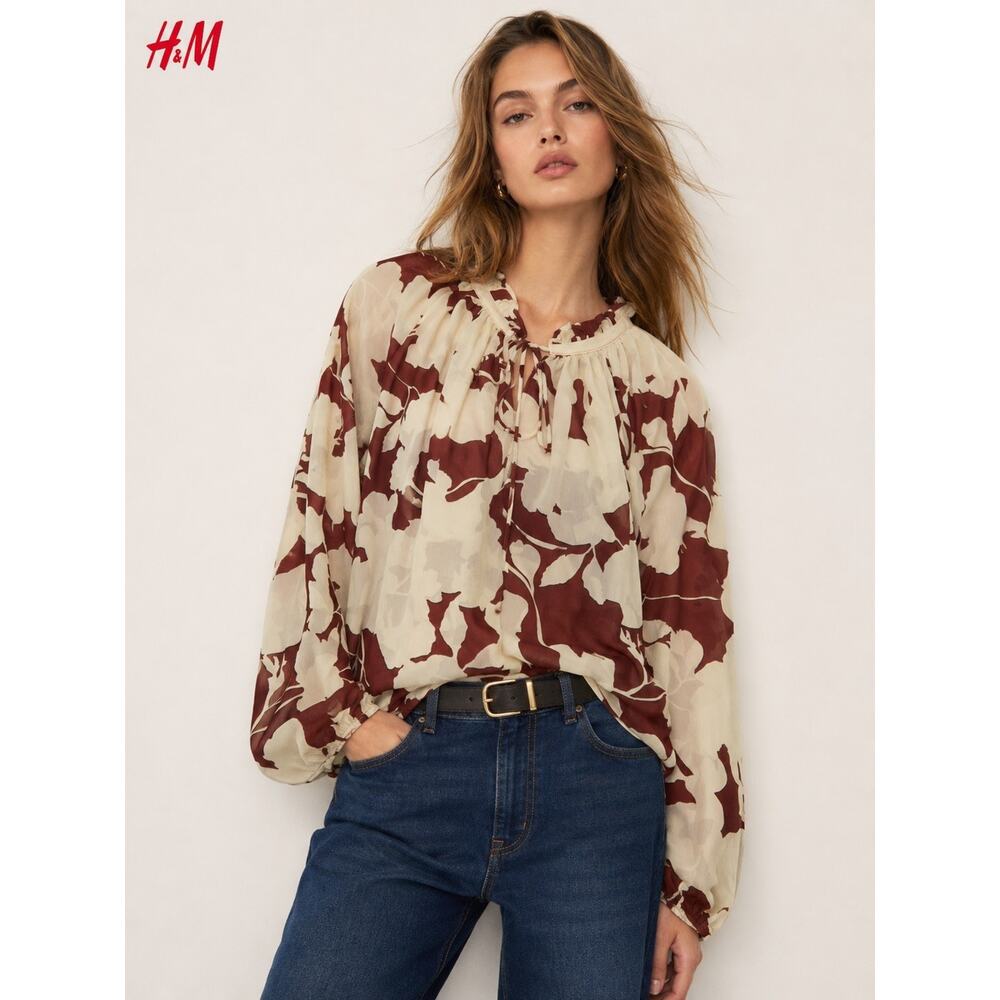 H&M Women's Chiffon Long Sleeve Brown Floral Blouse Size L Bow Balloon Sleeve